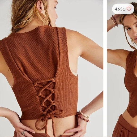 NWT Free People Roxanne Set Matching Crop Vest Top Wide Leg Pants Brown - Picture 1 of 8